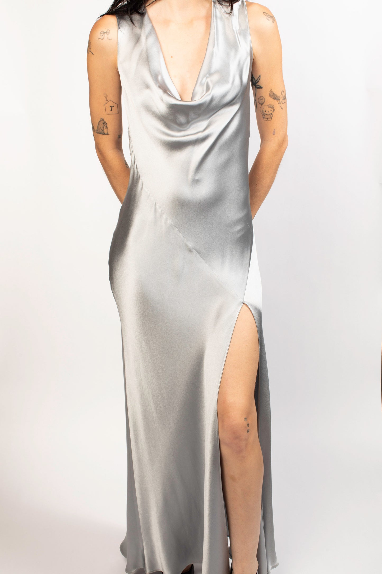 Calvin Klein Silver Silk Draped Gown With Leg Slit