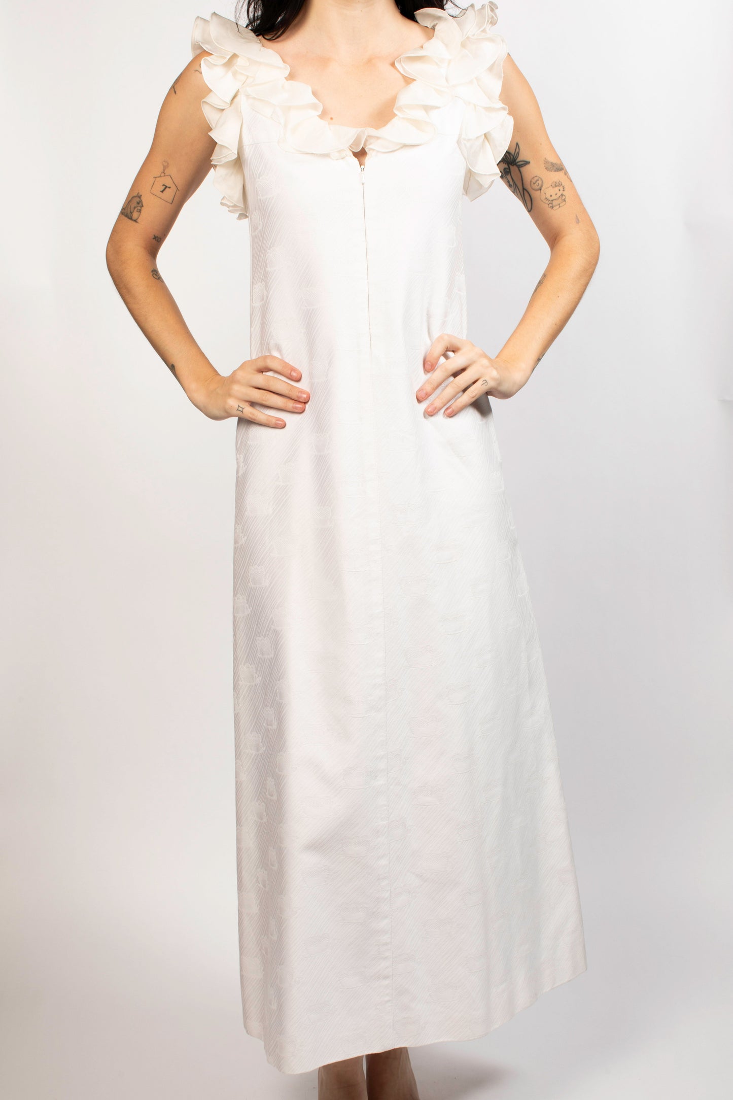 Courreges White Maxi Dress With Ruffle Shoulder Detailing