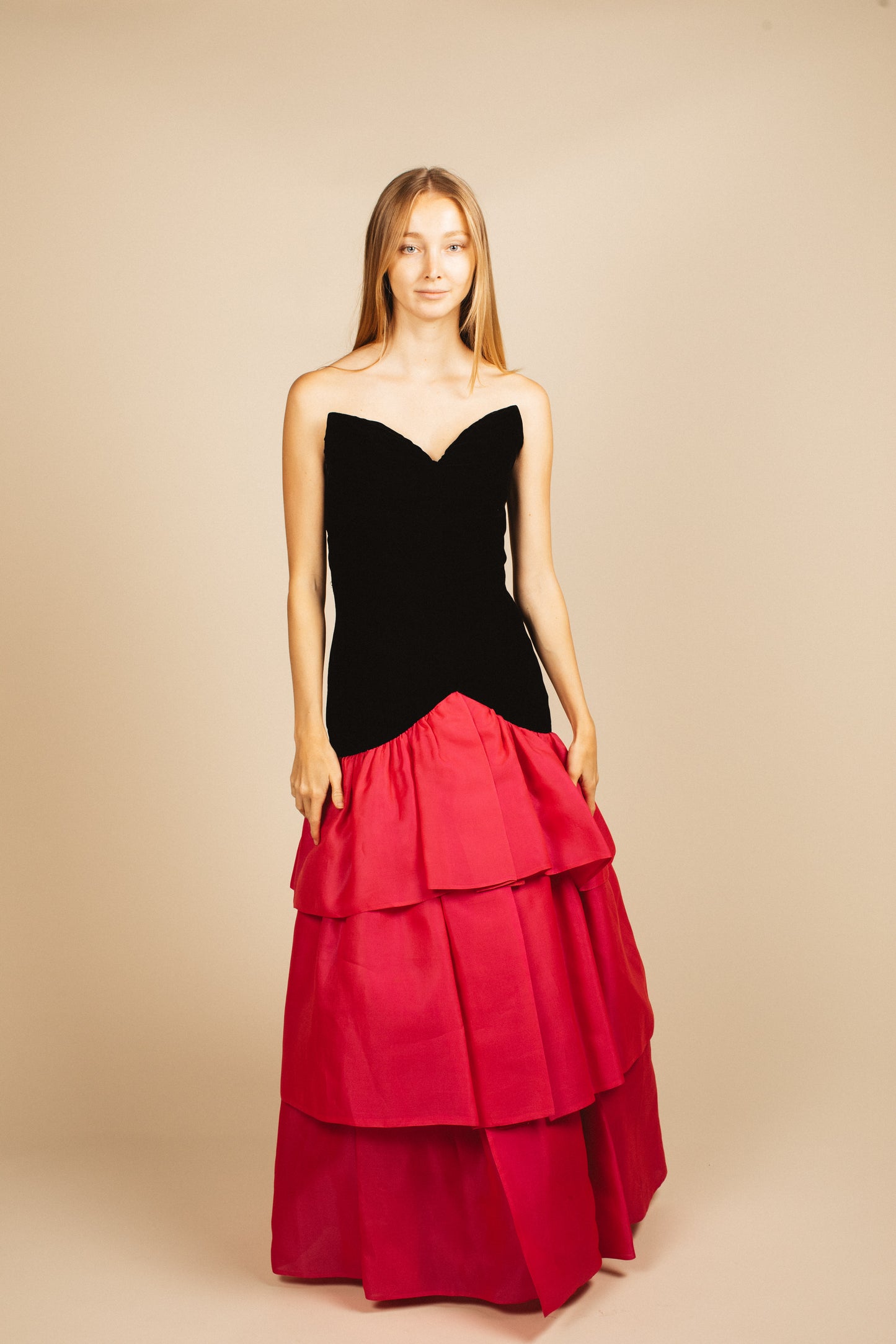 Christian Dior Black Velvet & Pink Pleated Skirt Gown