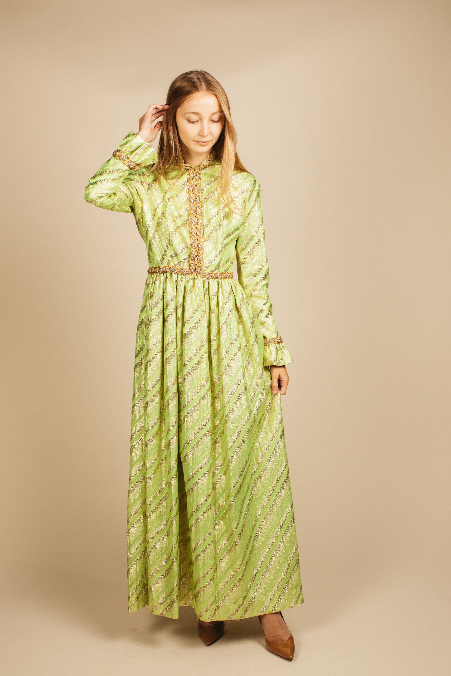 Oscar de la Renta Green Metallic Long Sleeve Gown