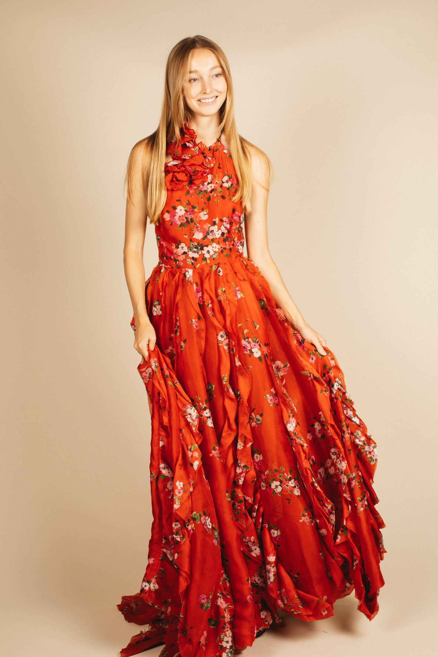 Carolina Herrera Red Floral Halter Gown