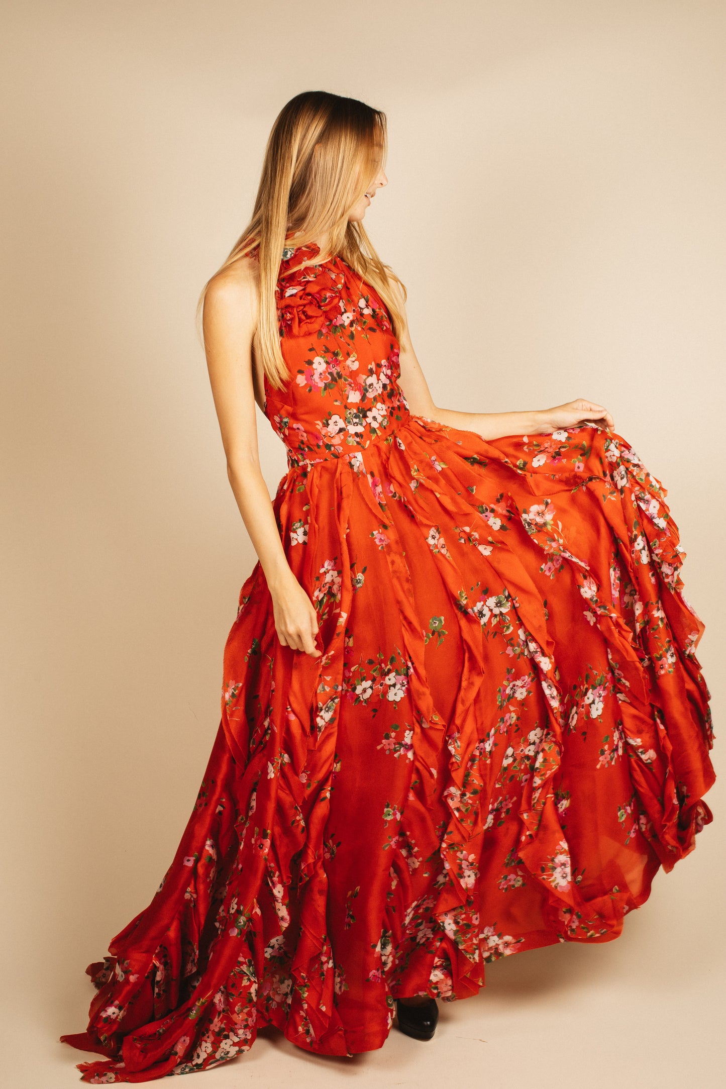 Carolina Herrera Red Floral Halter Gown