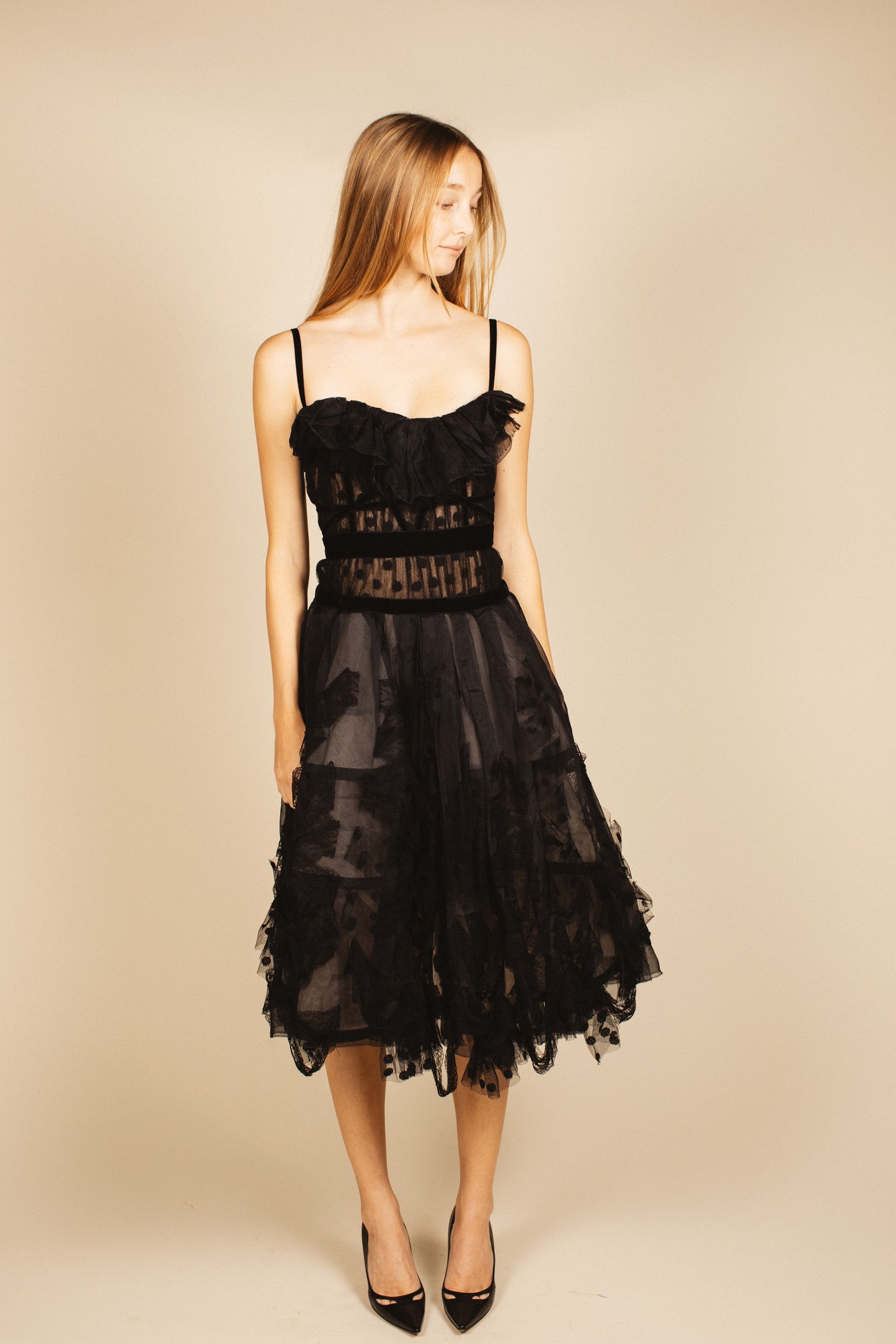 Nina Ricci Black Ruffle Tulle Midi Dress