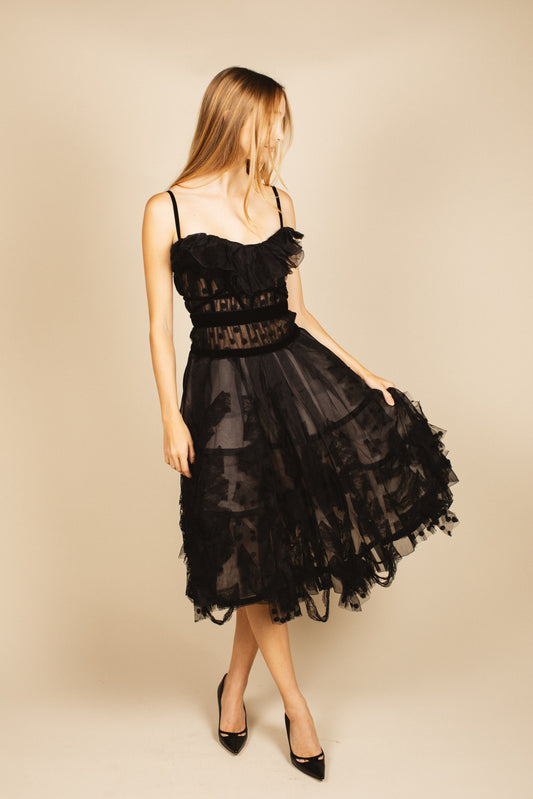 Nina Ricci Black Ruffle Tulle Midi Dress