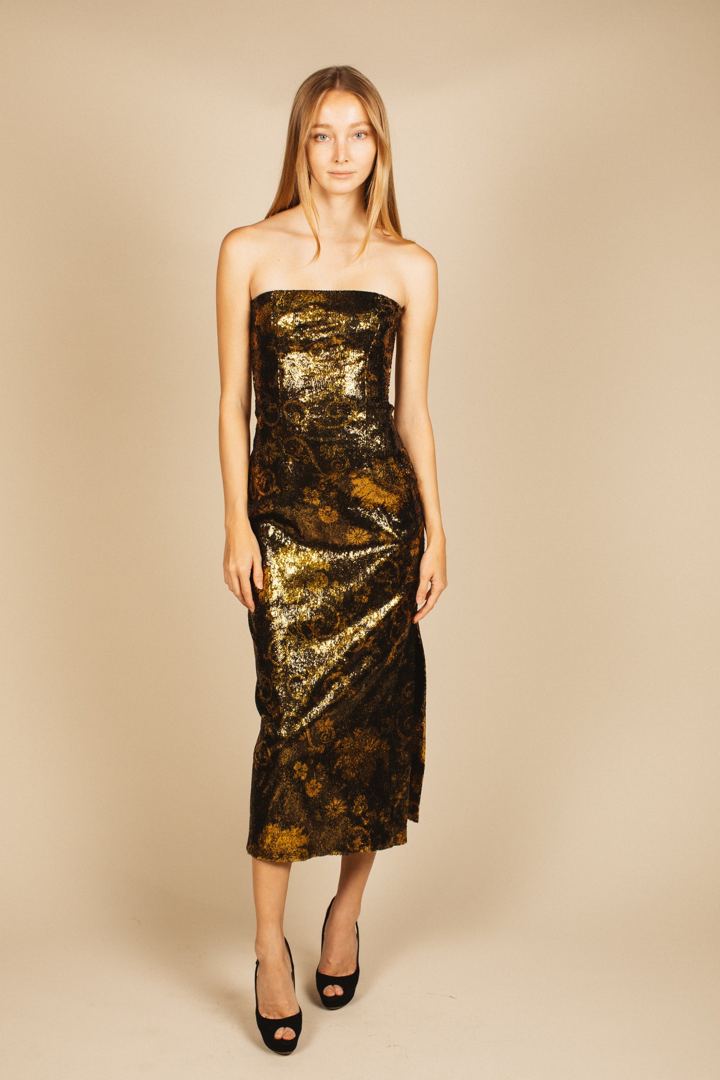 Versace Gold Sequin Strapless Maxi Gown