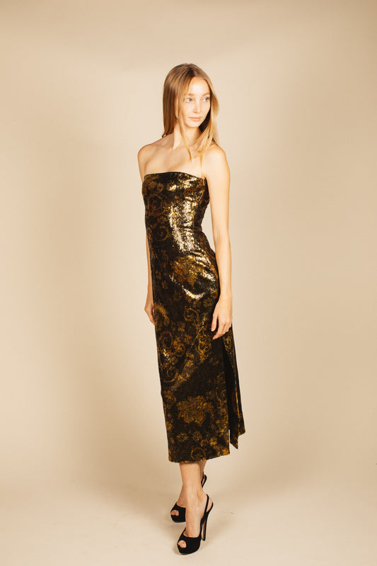 Versace Gold Sequin Strapless Maxi Gown