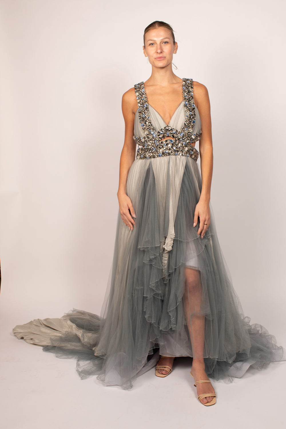 Off- White Blue Jeweled Gown