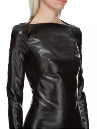 Rick Owens Black Leather Long Sleeve Mermaid Gown