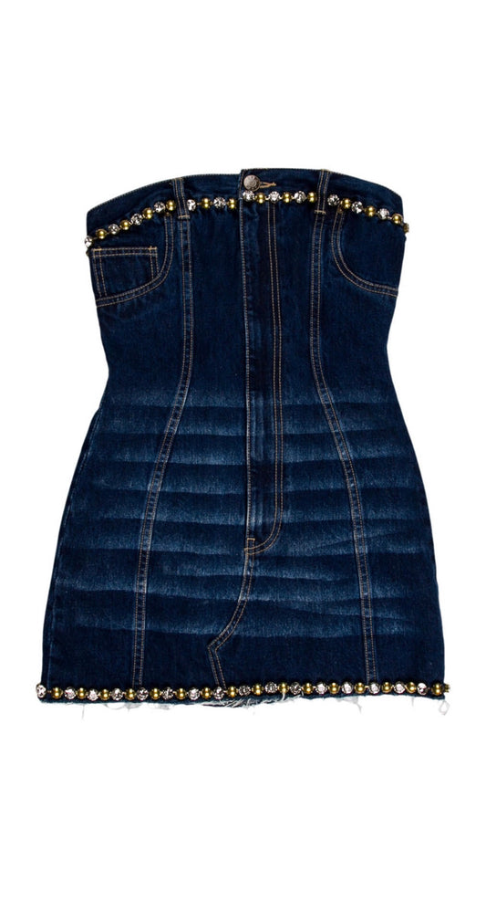 Area Blue Denim Jeweled Mini Dress