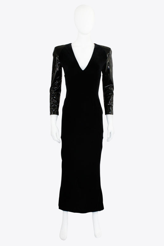 Fausto Puglisi Black Velvet Maxi Dress With Patent Leather Arms