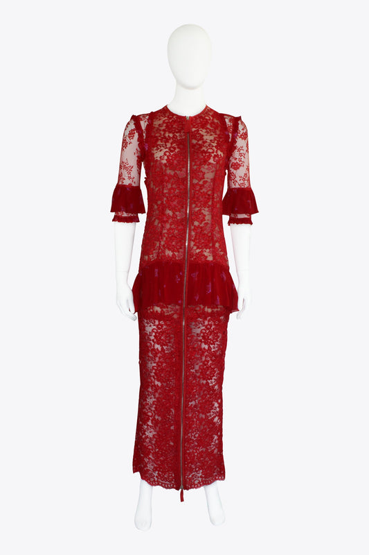 Alessandra Rich Red Quarter Sleeve Lace Zipper Gown