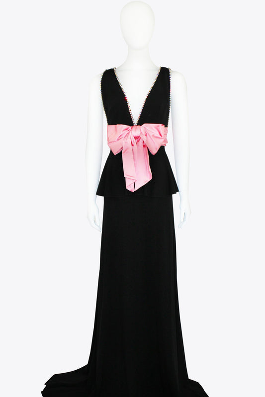 Gucci Black Velour Gown with Pink Bow & Gem Accents