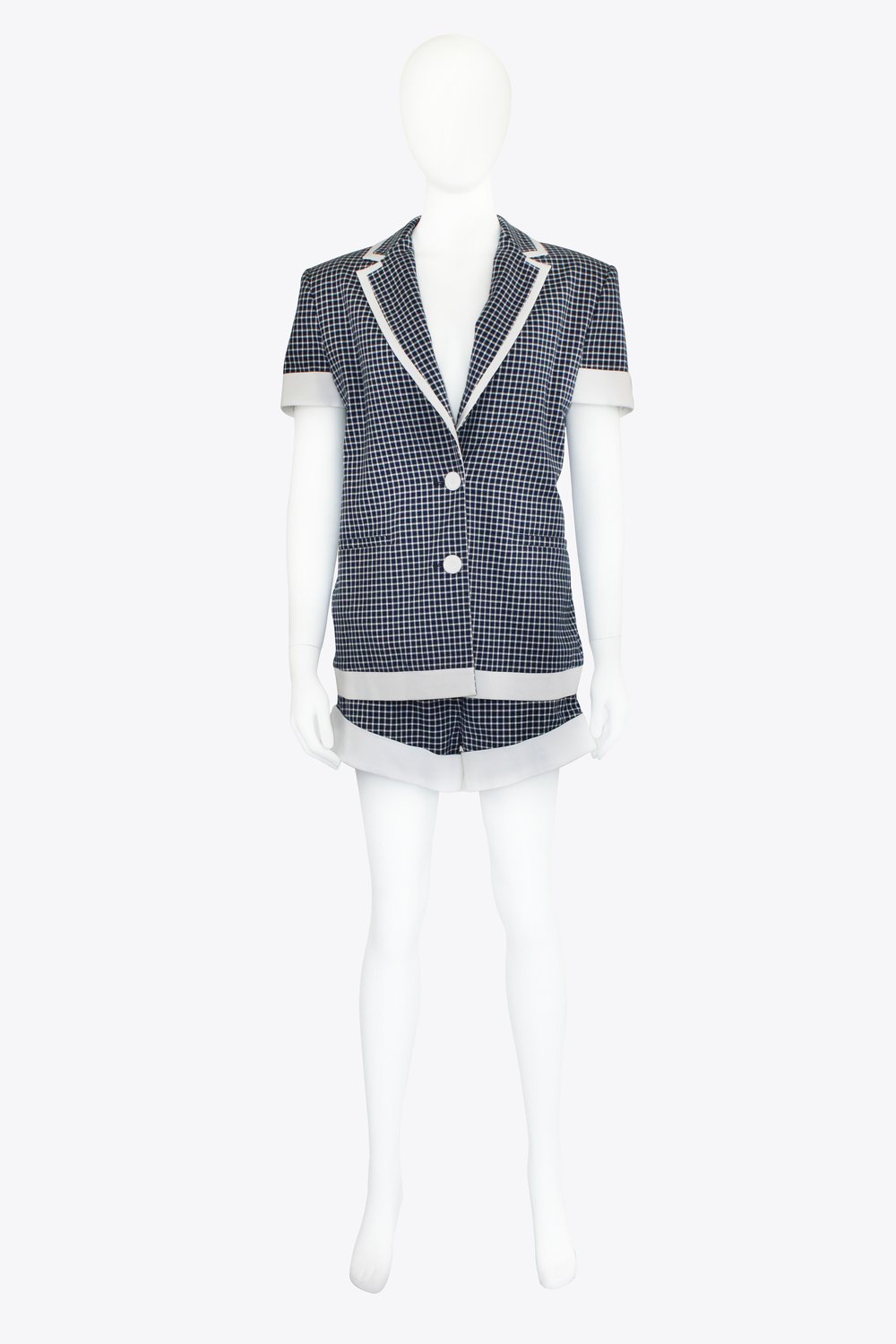 Sara Battaglia Blue & White Checkered Shorts & Pants Set