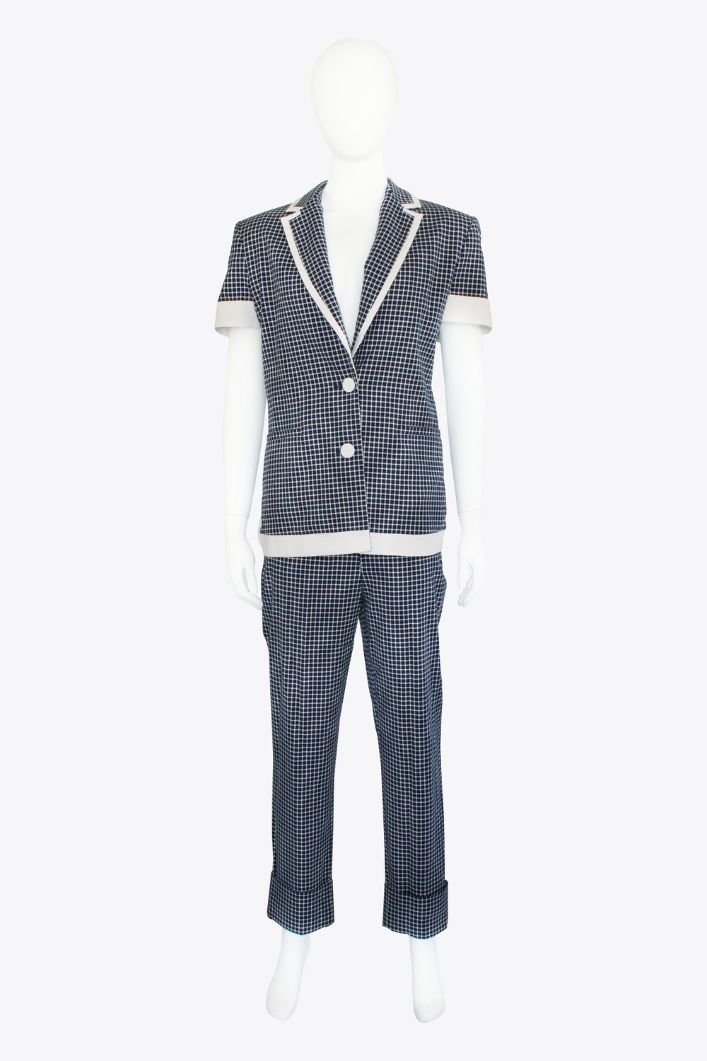 Sara Battaglia Blue & White Checkered Shorts & Pants Set