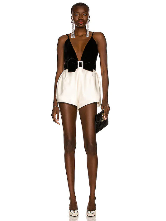 Saint Laurent Black Velvet & White Satin Romper With Plunged Neckline & Bow Detail