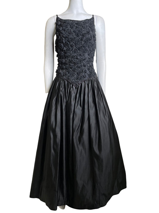 Saint Laurent Black Rose Detail Vintage Satin Gown