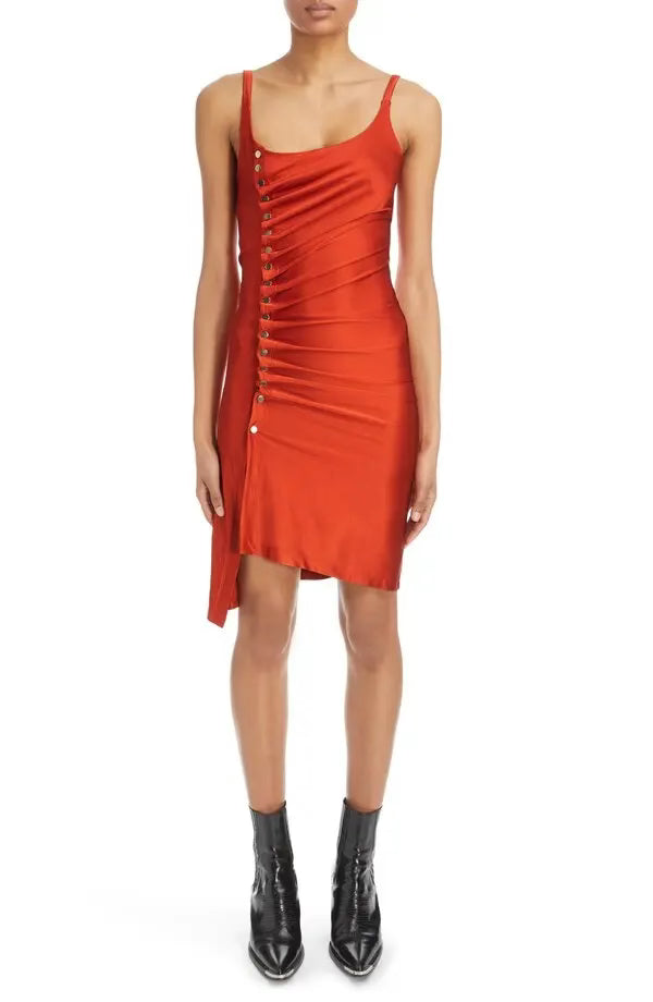 Paca Rabanne Orange Ruched Assymetrical Dress With Side Snaps