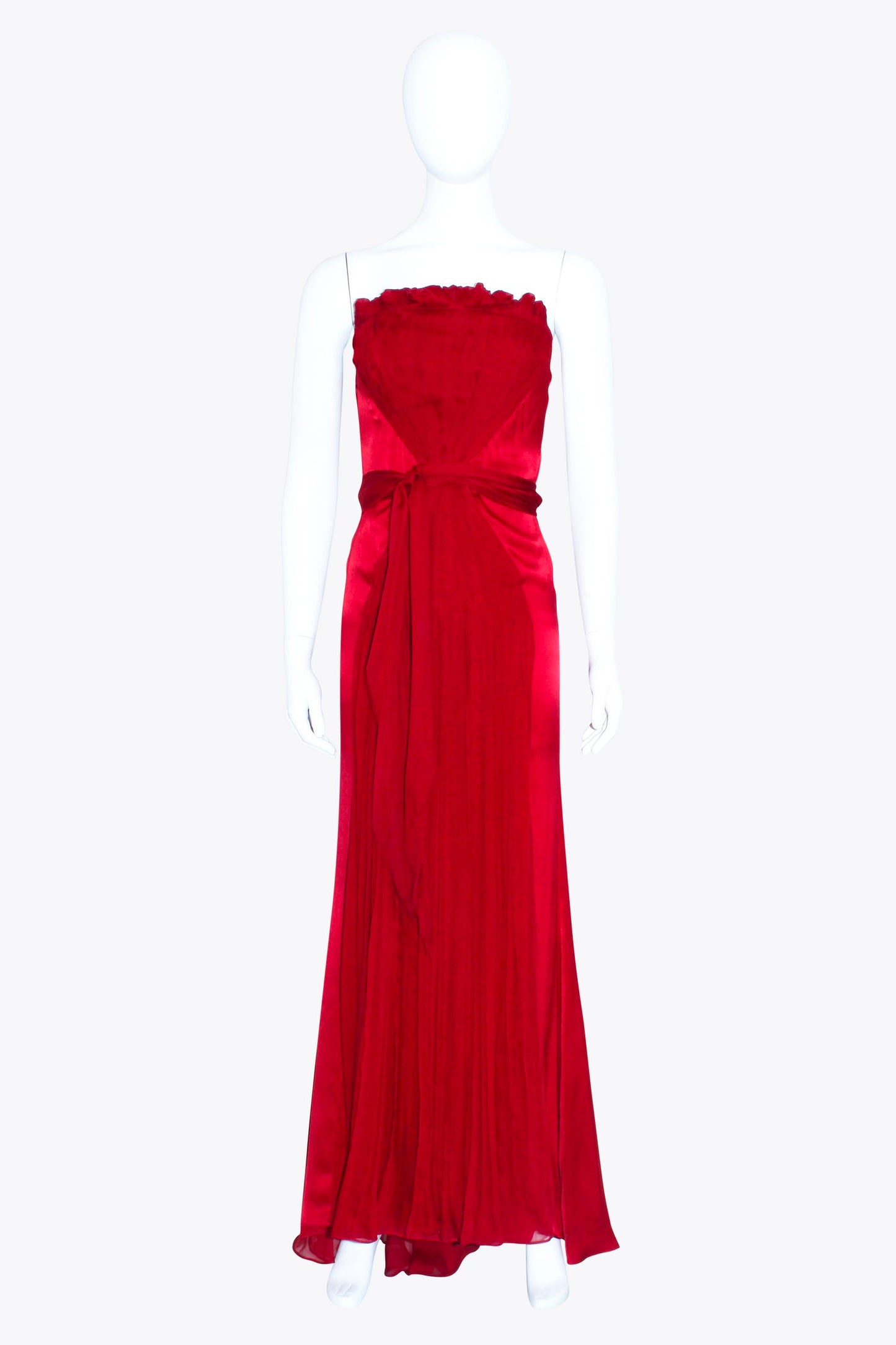 Alberta Ferretti Red Strapless Gown with Pleated Design & Mesh