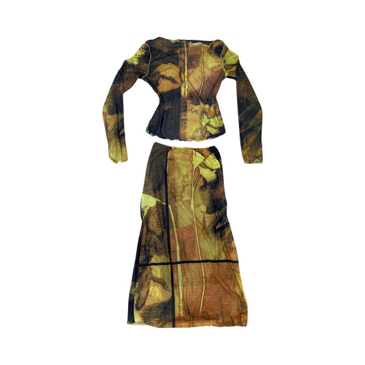 Vivienne Tam Yellow Watercolor Long Sleeve & Midi Skirt Set