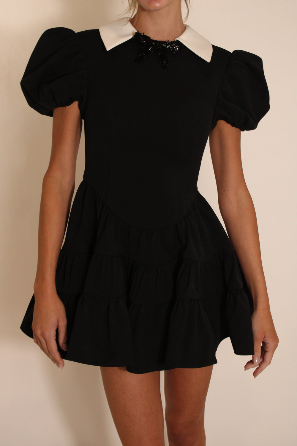 ShuShu Tong Black Mini Dress With White Collar & Bedazzled Bow