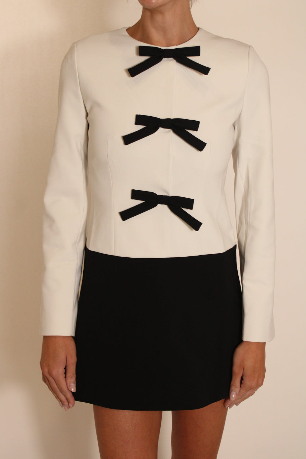 Sandy Liang White & Black Long Sleeve Mini Dress With Bows