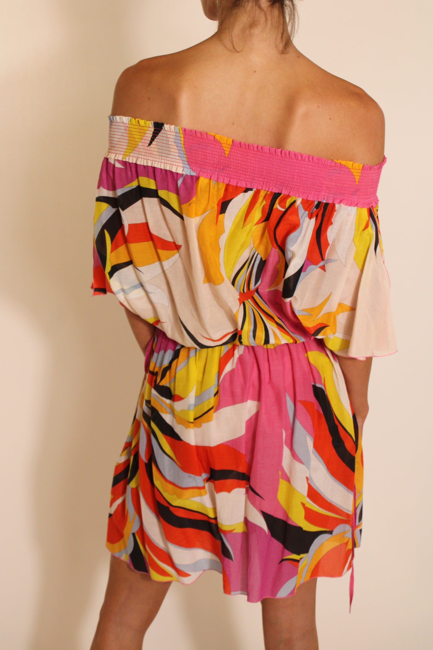 Pucci Pink Multi Color Design Off The Shoulder Mini Dress