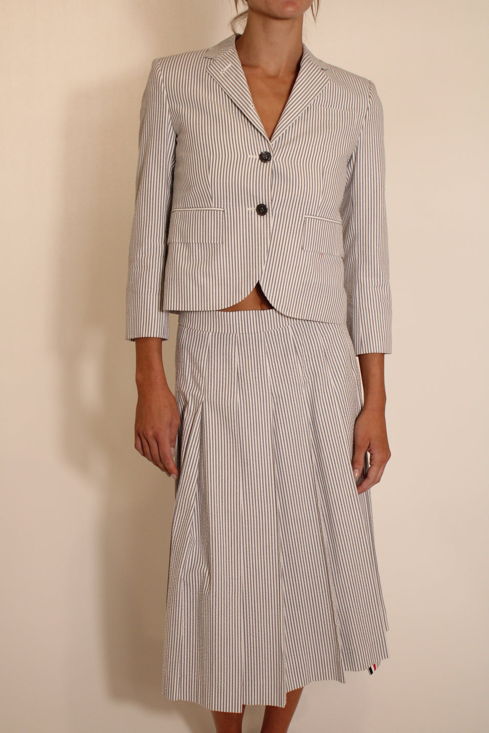Thom Browne Blue Seersucker Jacket & Midi Skirt