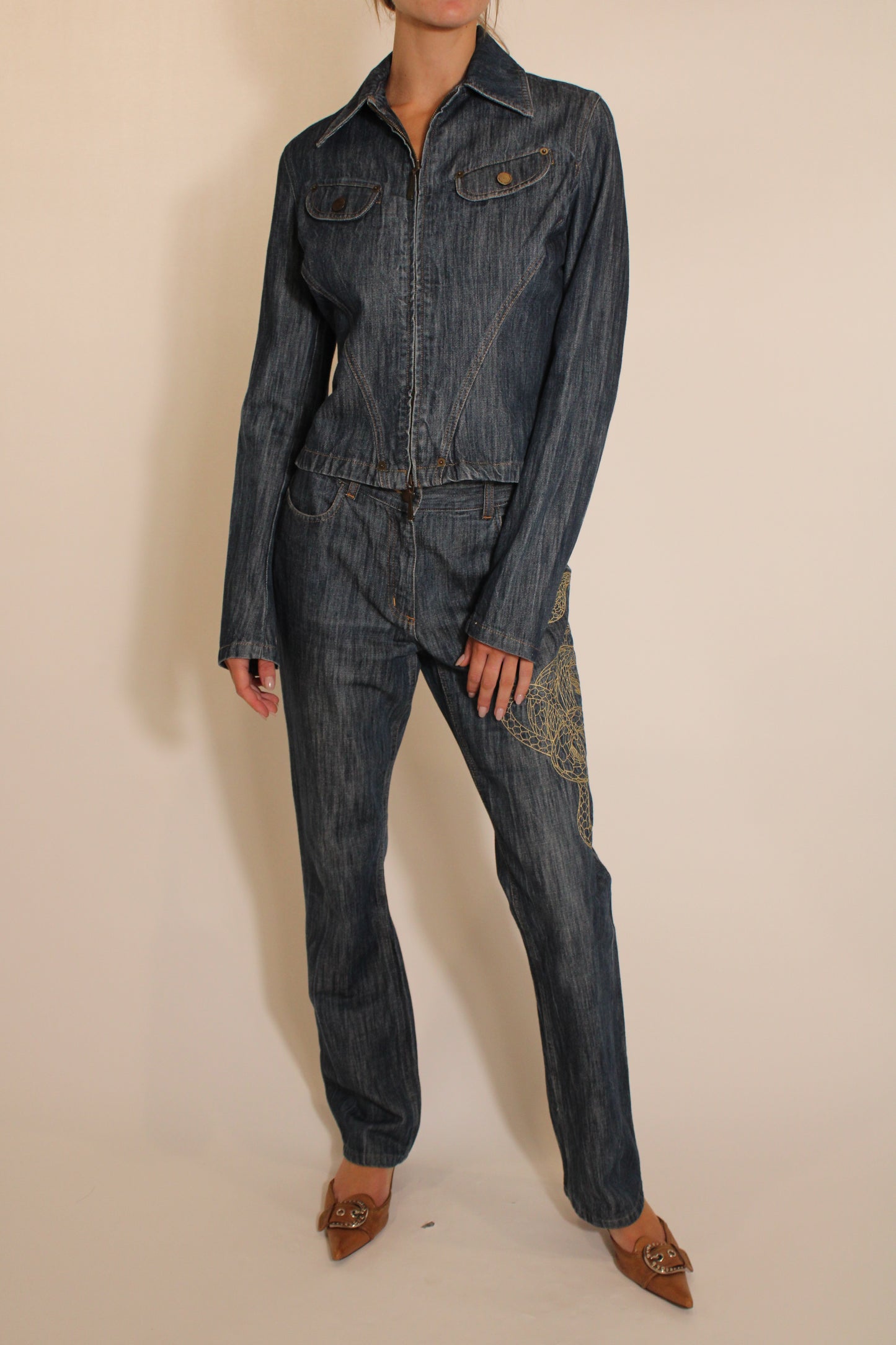 Mugler Denim Set With Snake Design