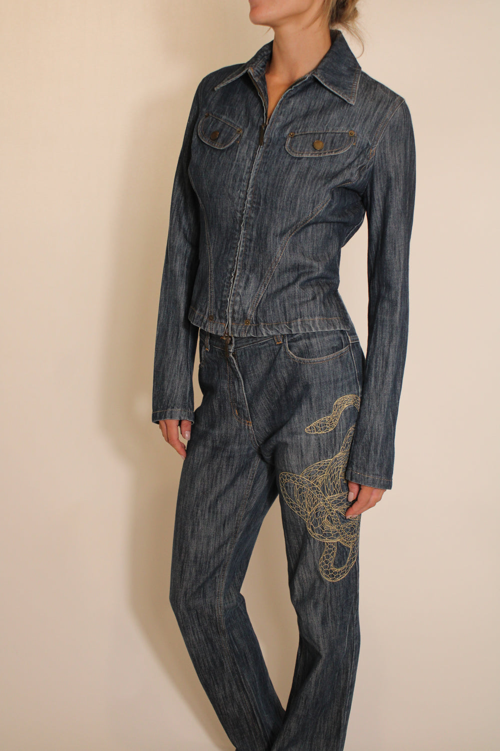 Mugler Denim Set With Snake Design