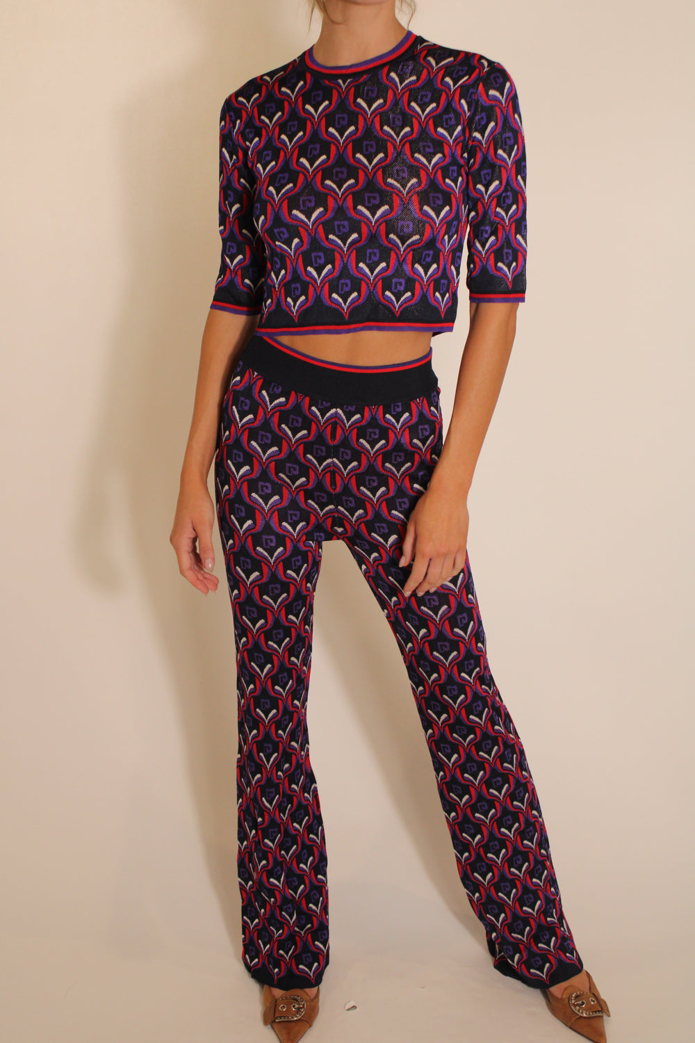 Paco Rabanne Blue & Pink Designed Top & Pants Set