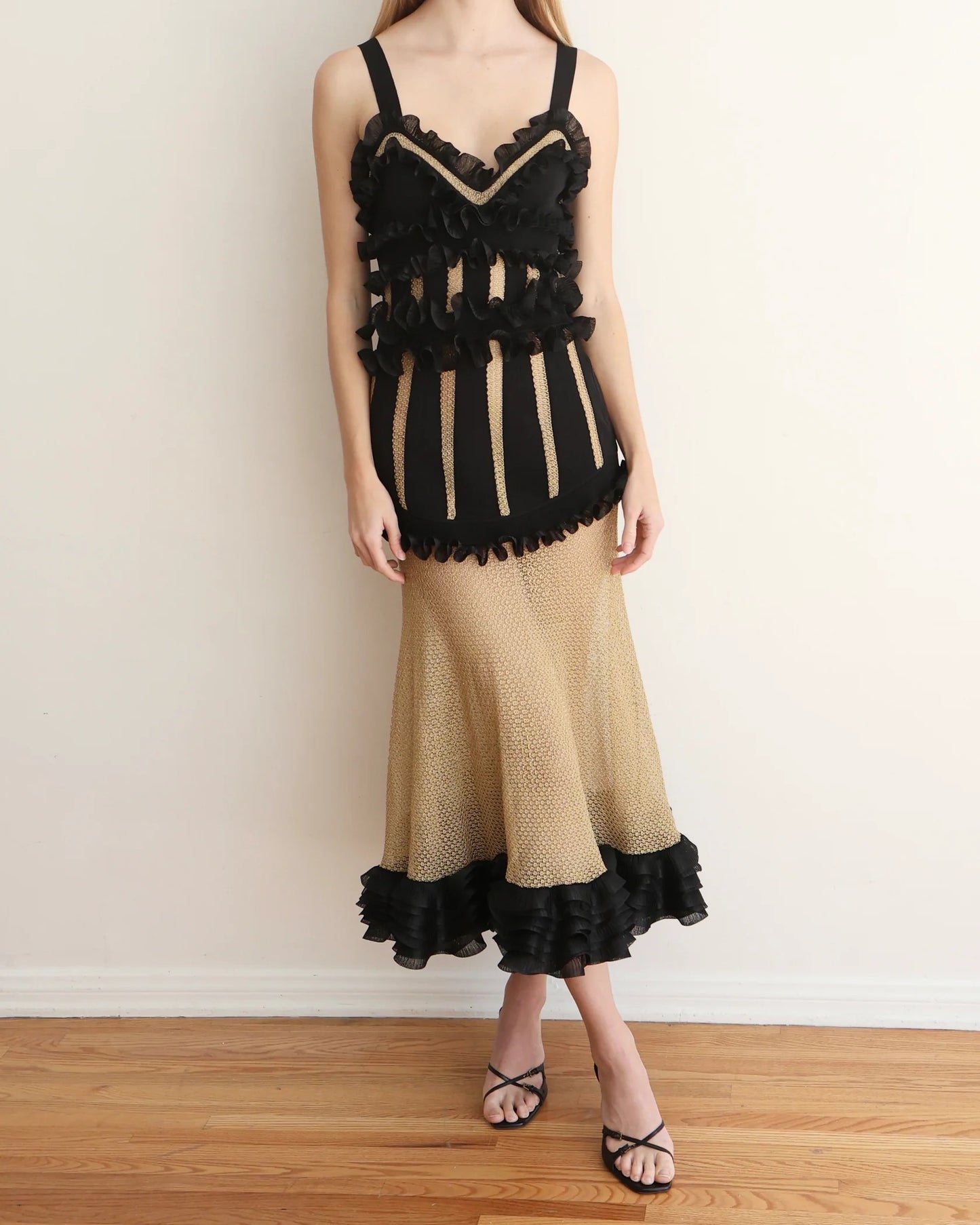 Alexander McQueen Black & Gold Striped & Ruffled Gown