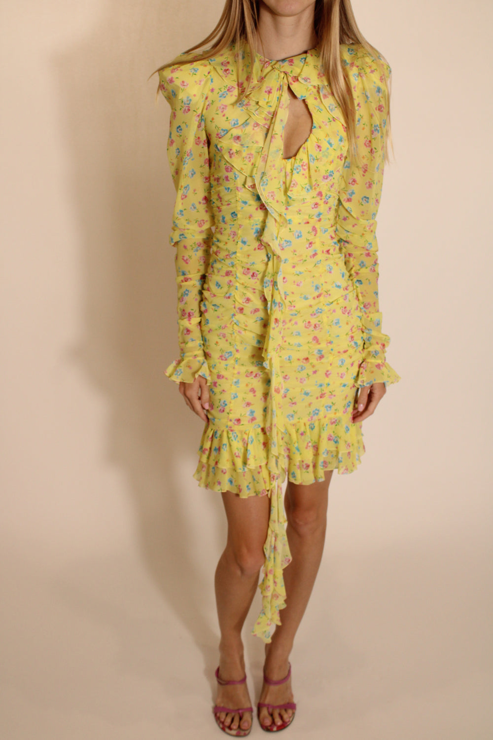 Alessandra Rich Yellow Longsleeve Mini Dress w/ Ruffles