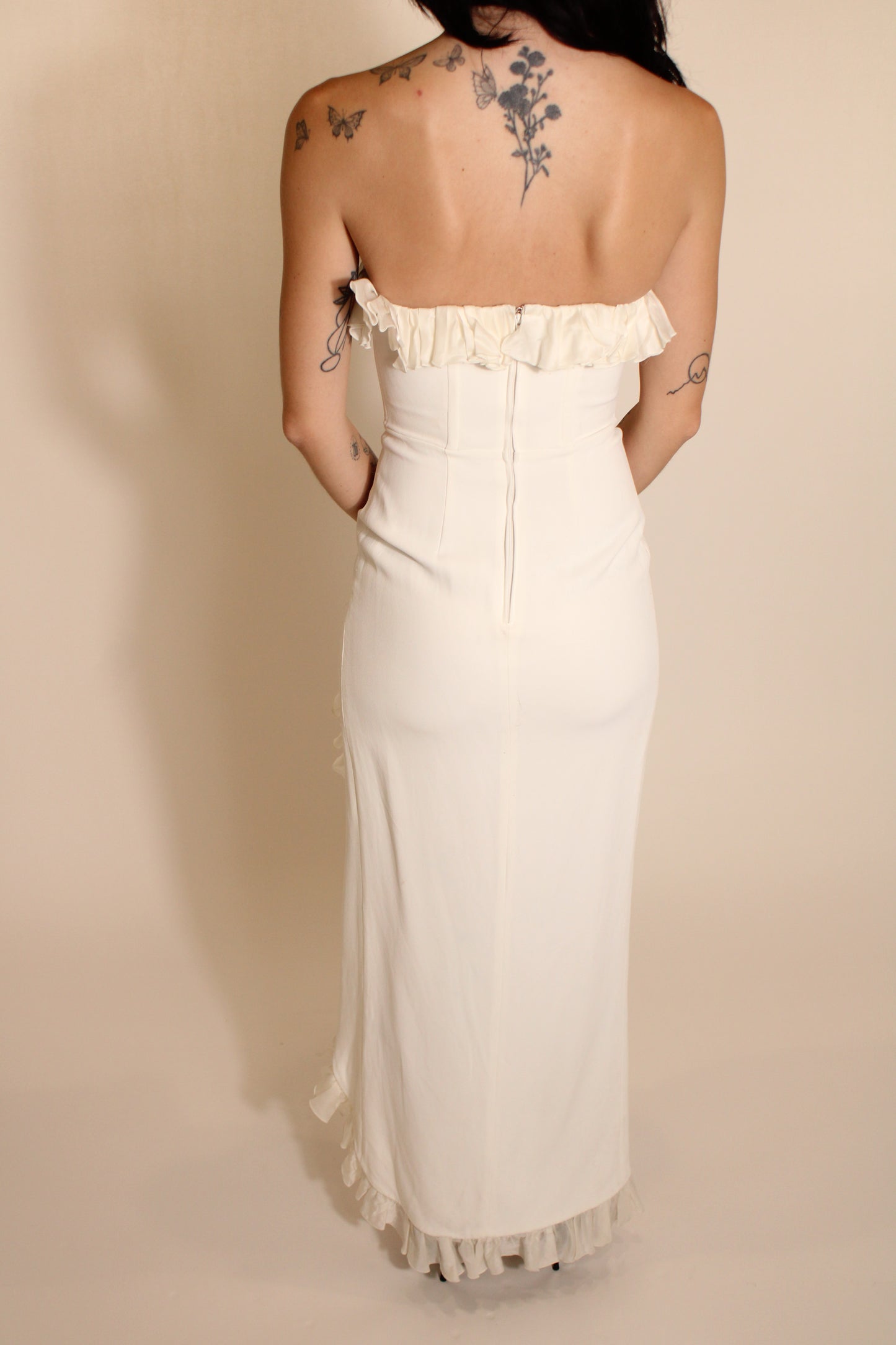 Alessandra Rich White Strapless Maxi Dress w/ Ruffle Leg Slit