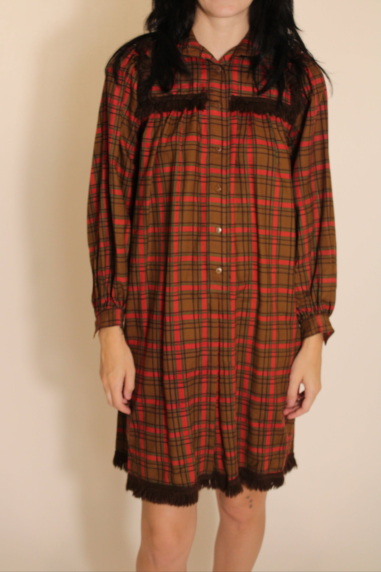 Saint Laurent Plaid Long Sleeve Babydoll Dress