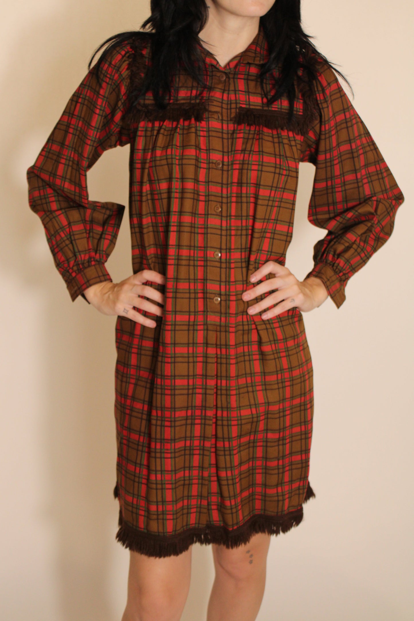 Saint Laurent Plaid Long Sleeve Babydoll Dress
