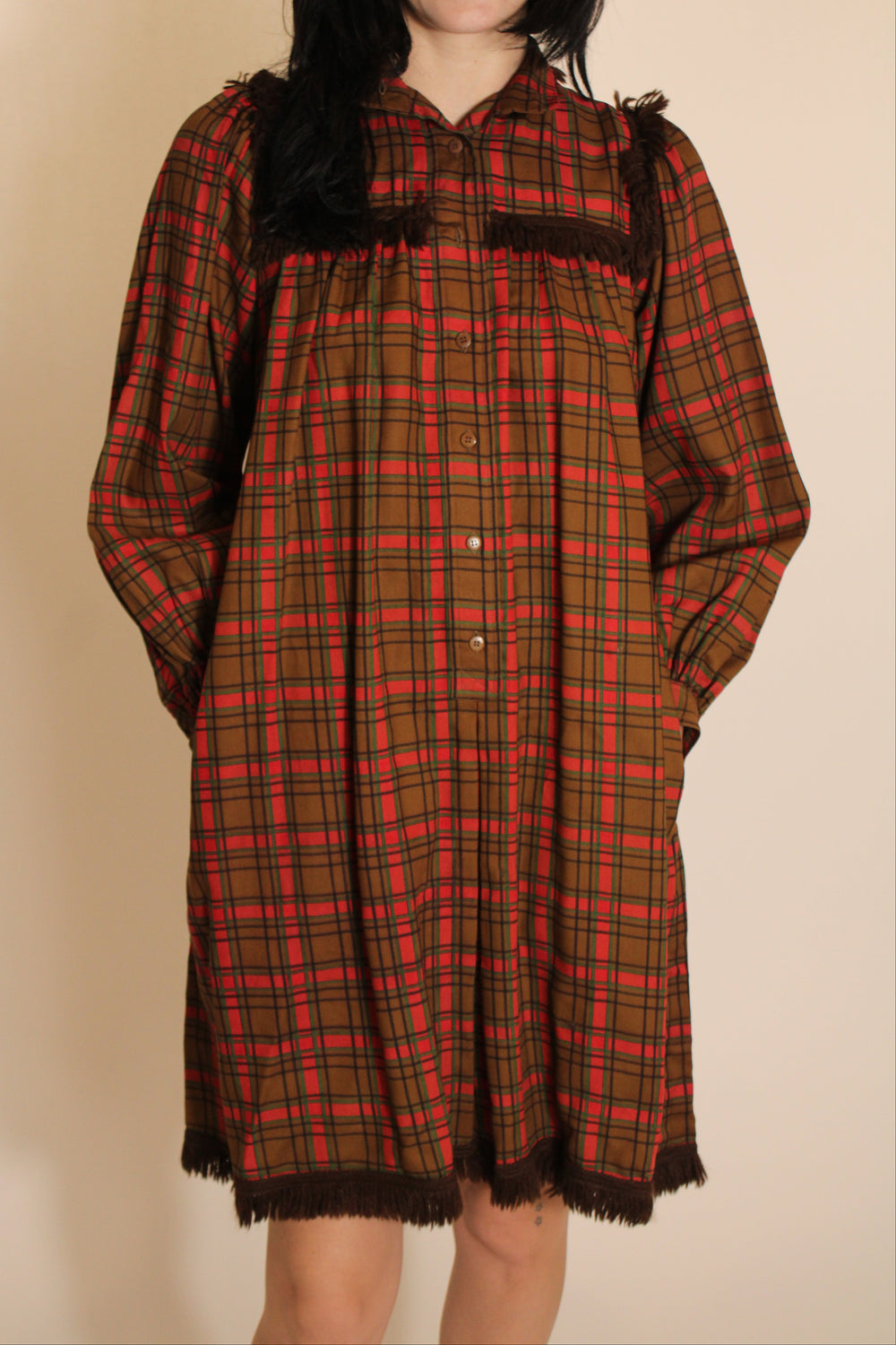 Saint Laurent Plaid Long Sleeve Babydoll Dress