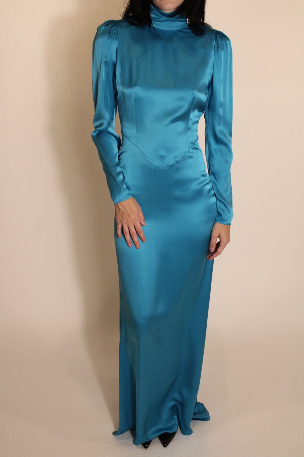 Alessandra Rich Blue Long Sleeve Mock Neck Maxi Dress