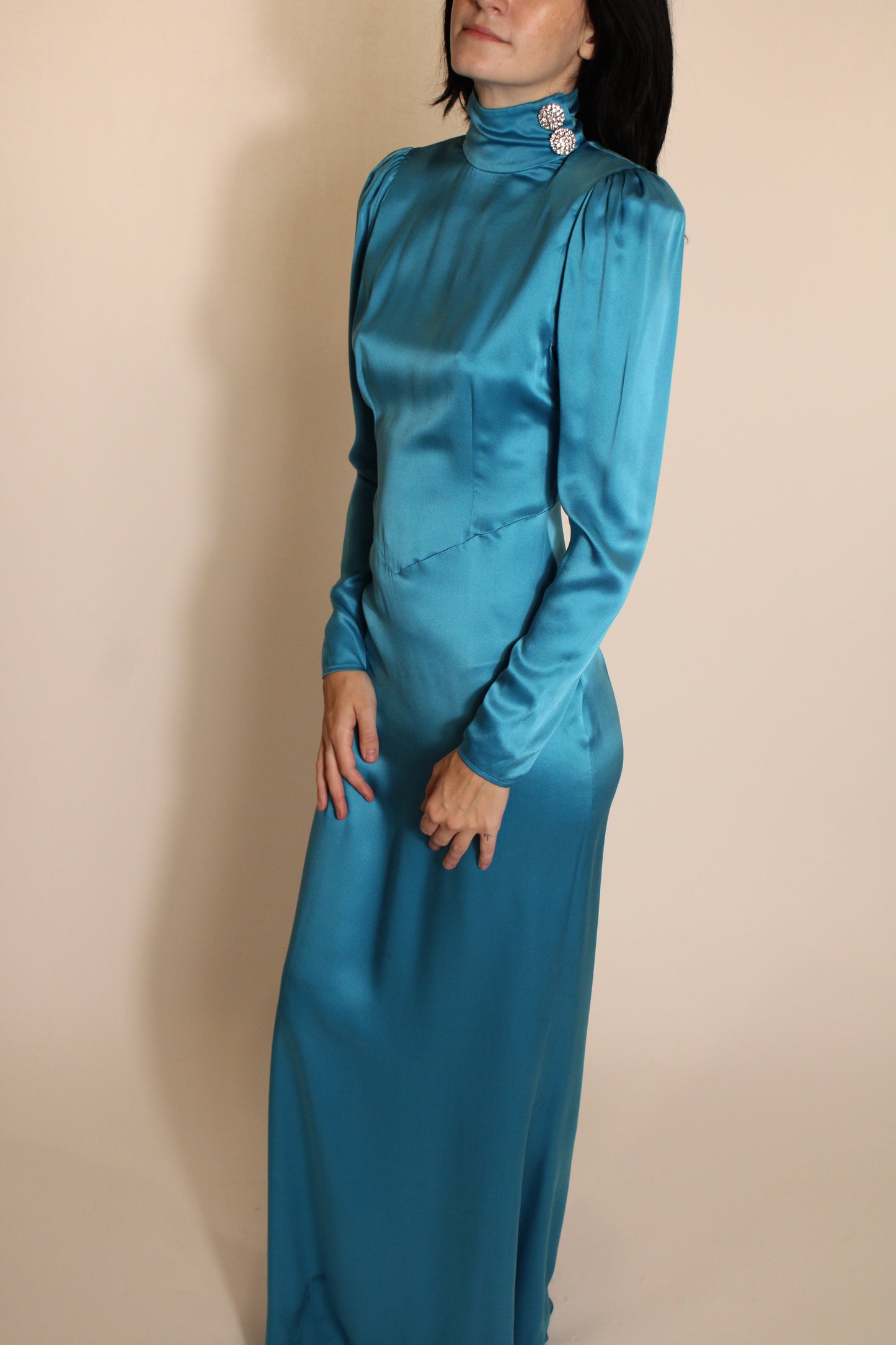 Alessandra Rich Blue Long Sleeve Mock Neck Maxi Dress