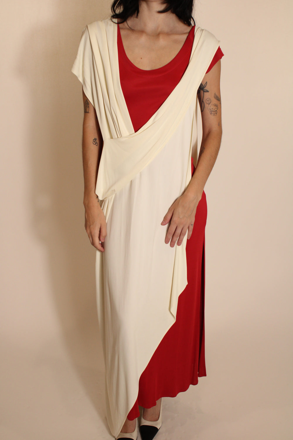 Moschino White & Red Draped Maxi Dress