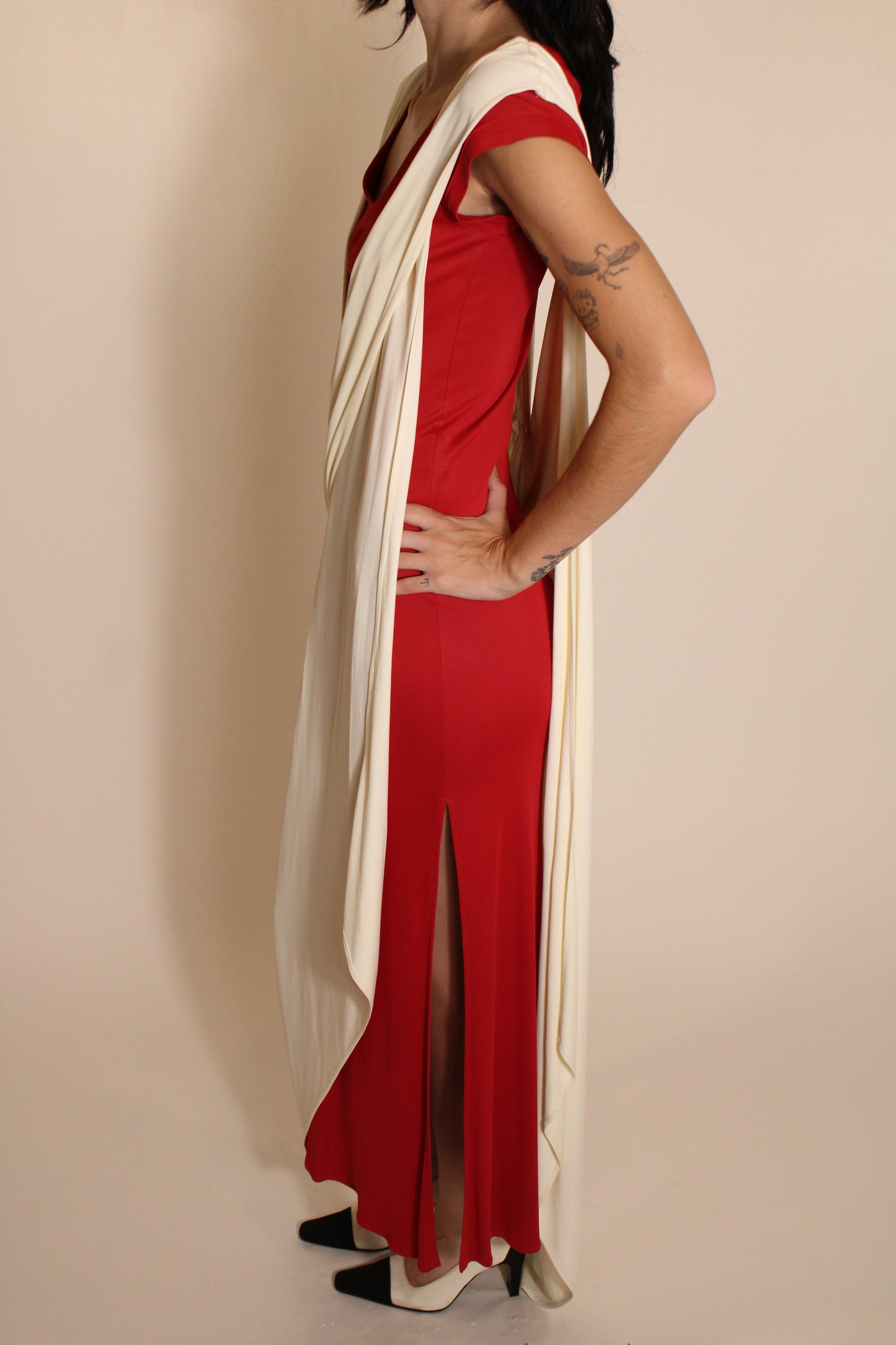 Moschino White & Red Draped Maxi Dress