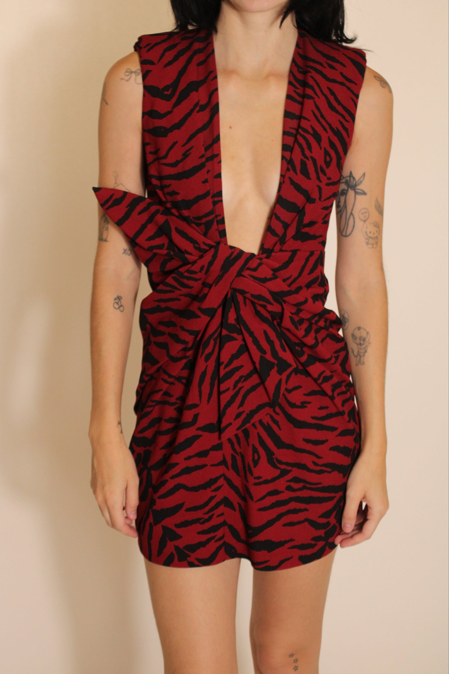 Saint Laurent Red & Black Zebra Mini Dress With Front Tie