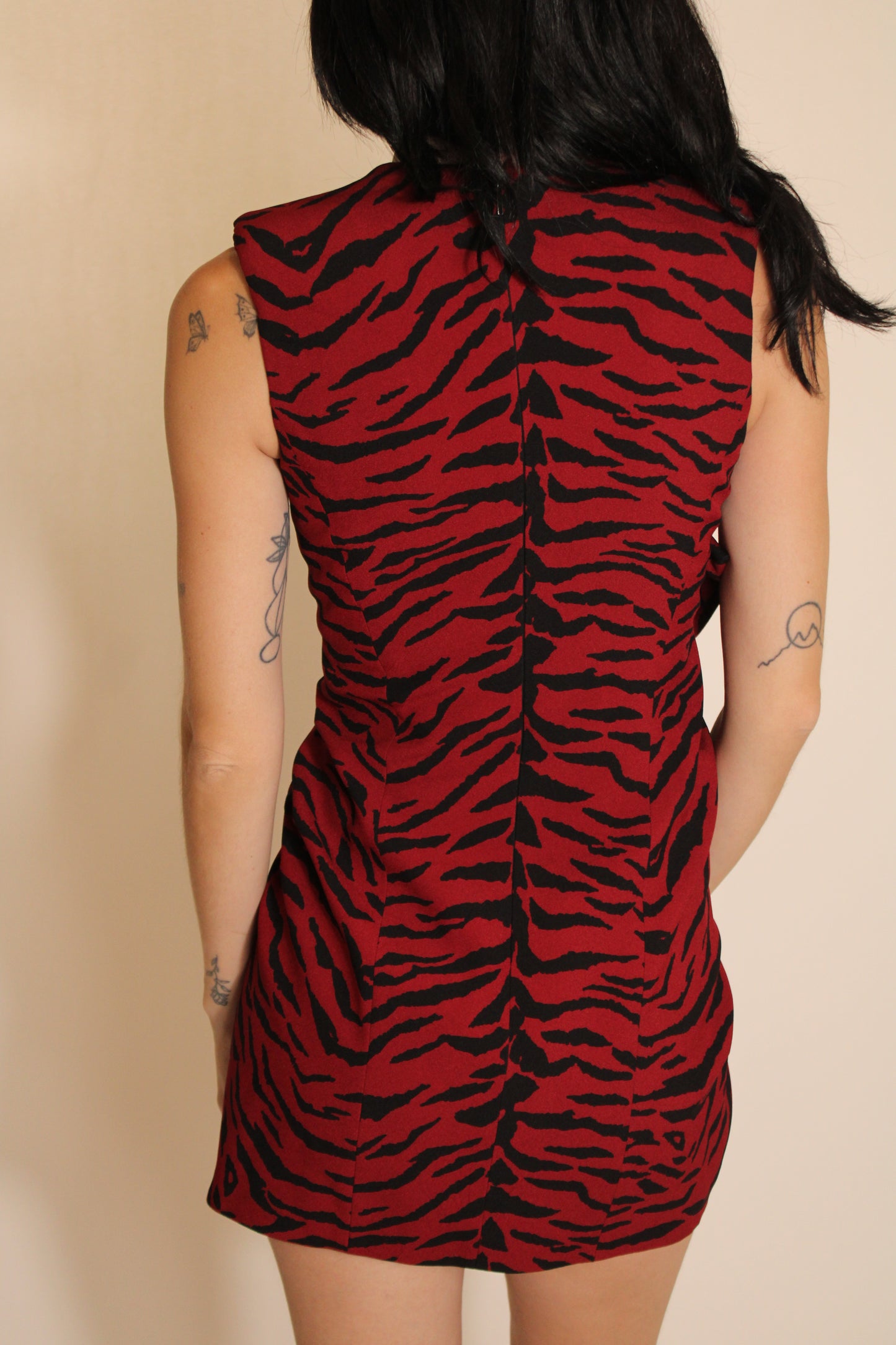 Saint Laurent Red & Black Zebra Mini Dress With Front Tie