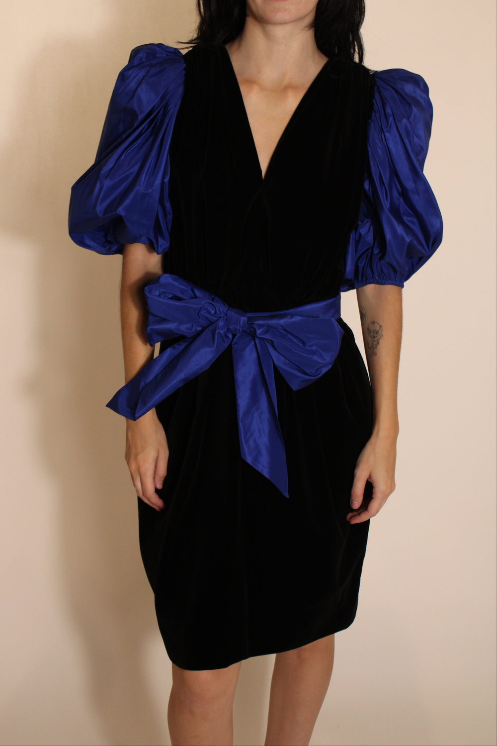 Saint Laurent Black 80s Dress With Blue Sleeves & Bow