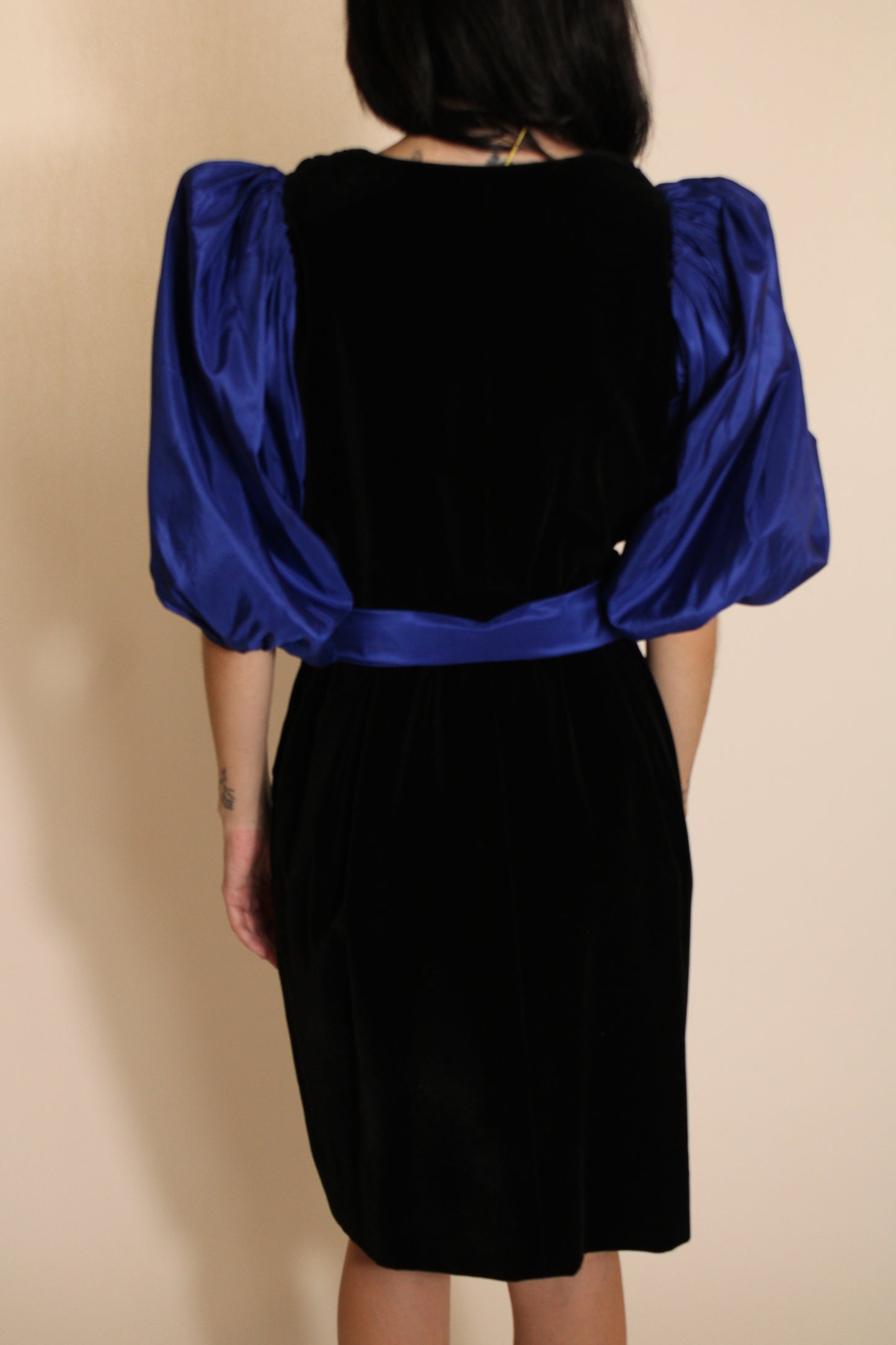 Saint Laurent Black 80s Dress With Blue Sleeves & Bow