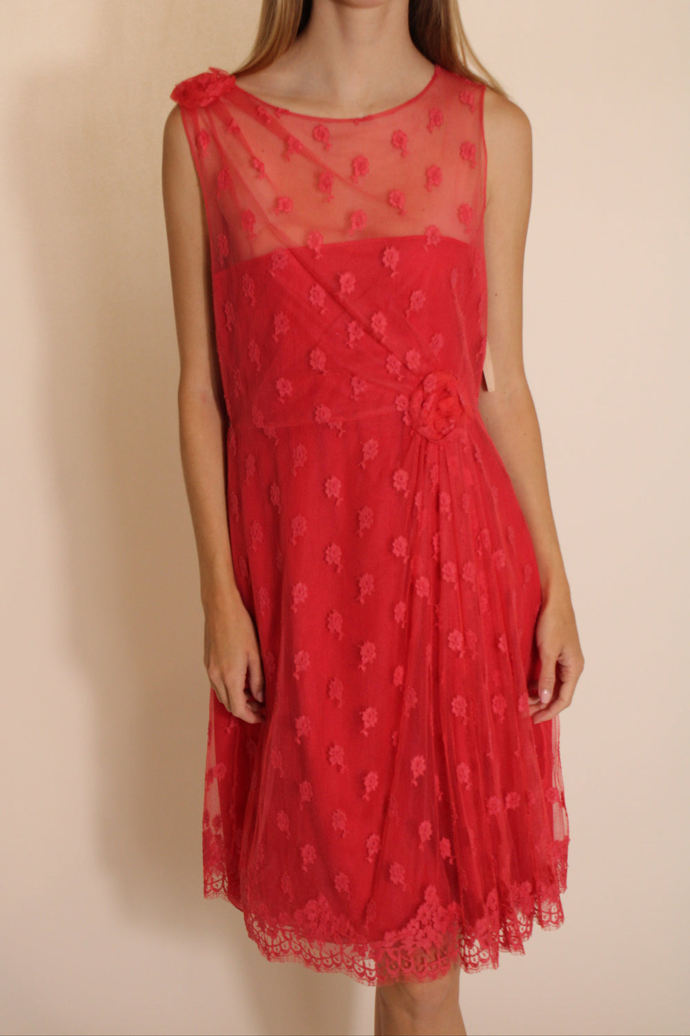 Valentino Red Midi Dress With Mesh Overlay