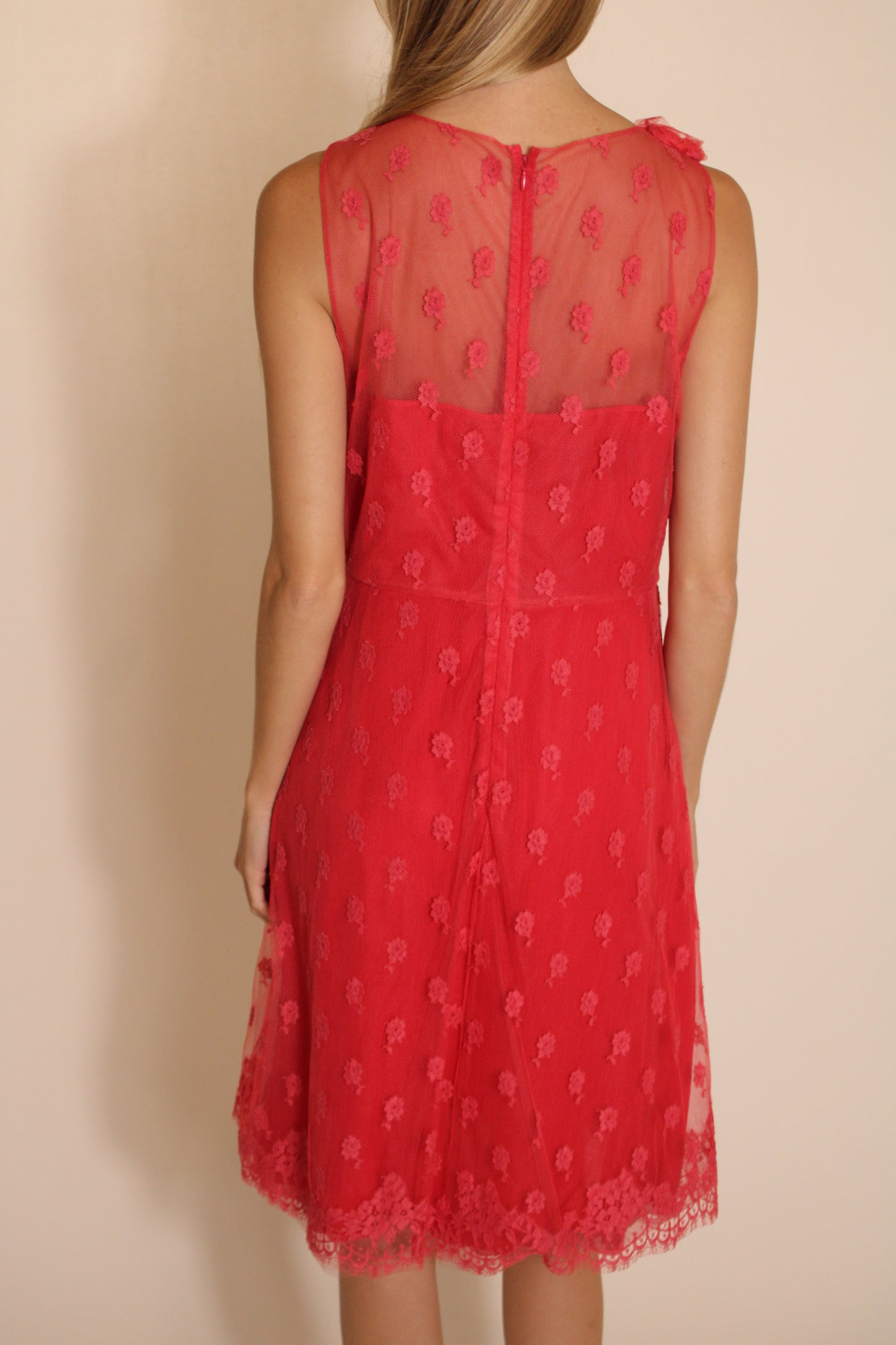 Valentino Red Midi Dress With Mesh Overlay