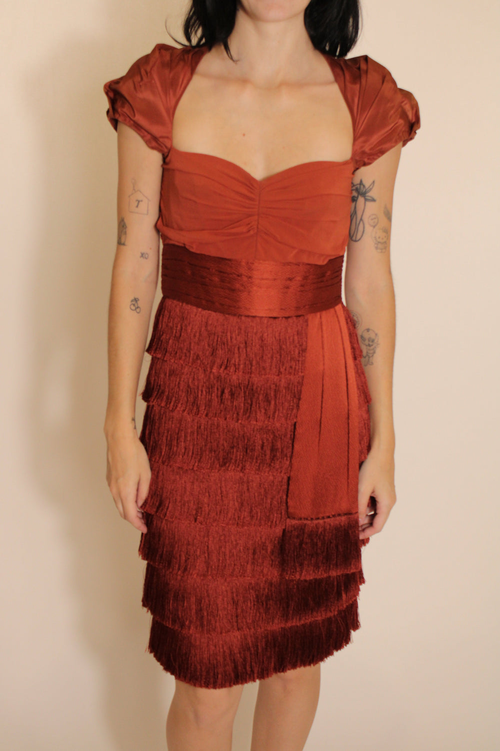 Zac Posen Red Fringe Dress With Short Sleeves
