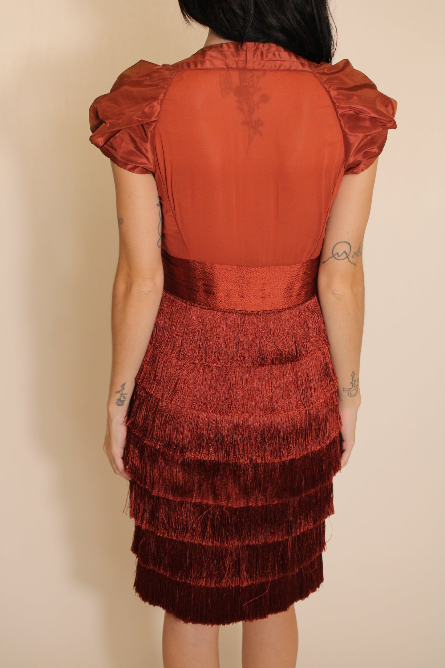 Zac Posen Red Fringe Dress With Short Sleeves