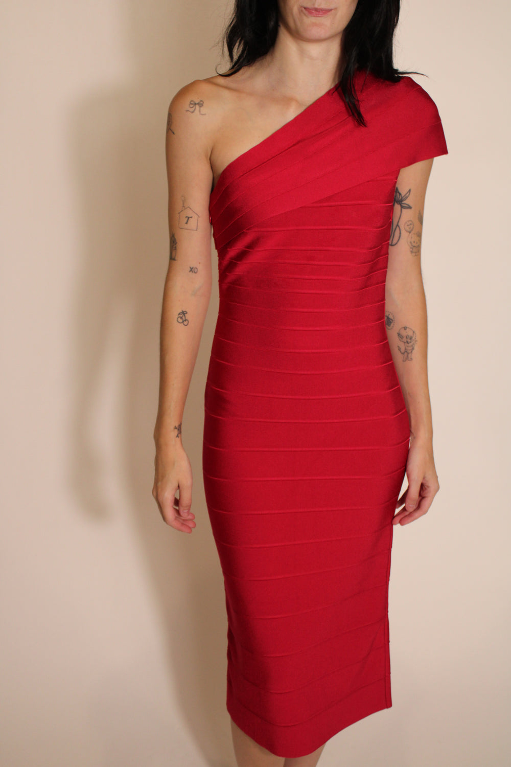 Herve Leger Red One Shoulder Bandage Midi Dress
