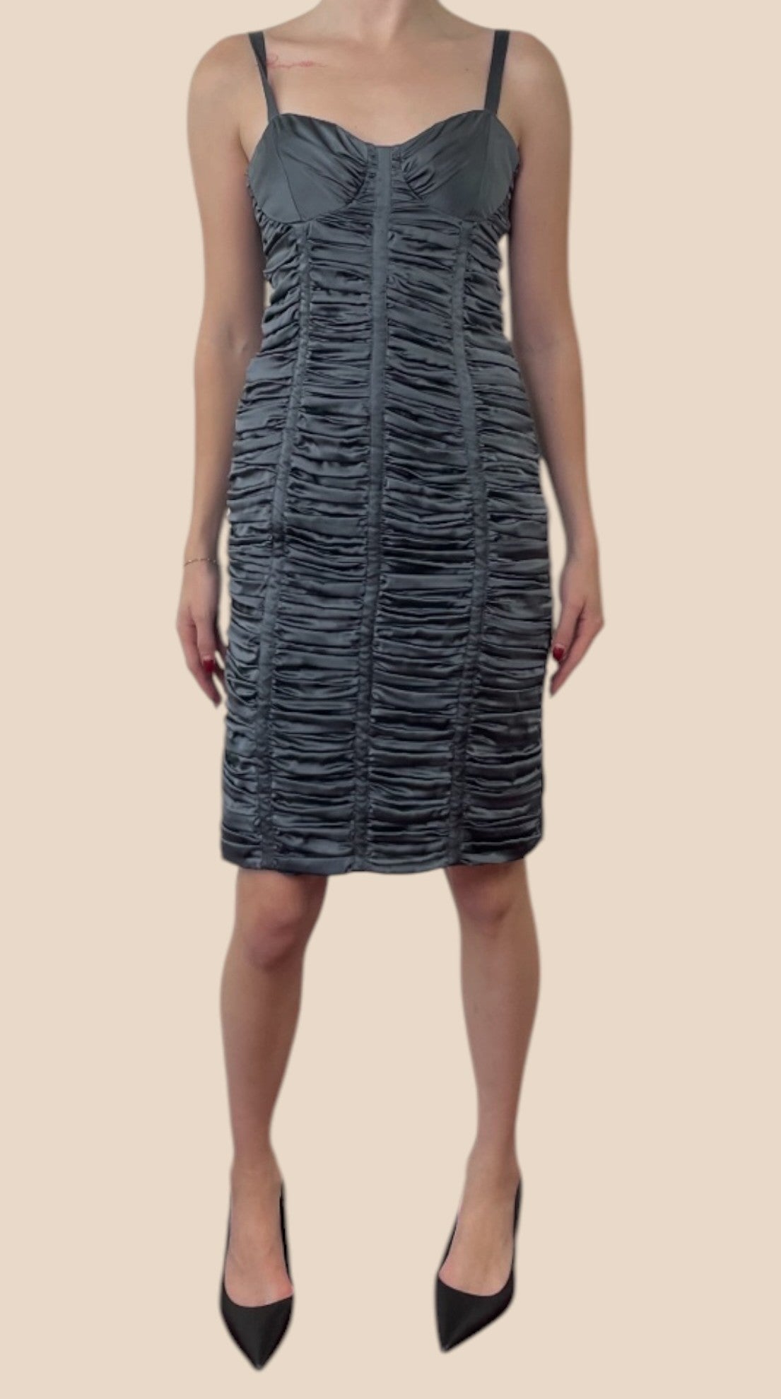 Burberry Grey Ruched Spaghetti Strap Knee-Length Bodycon Dress